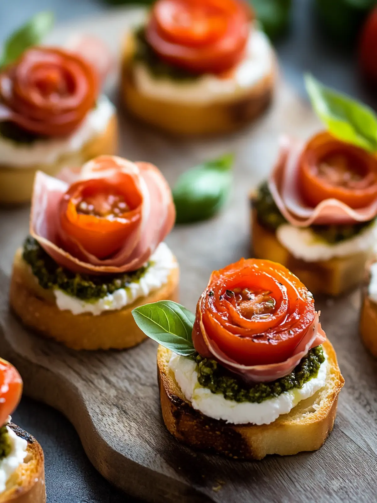 Tomato Crostini with Pesto, Ricotta and Prosciutto Roses