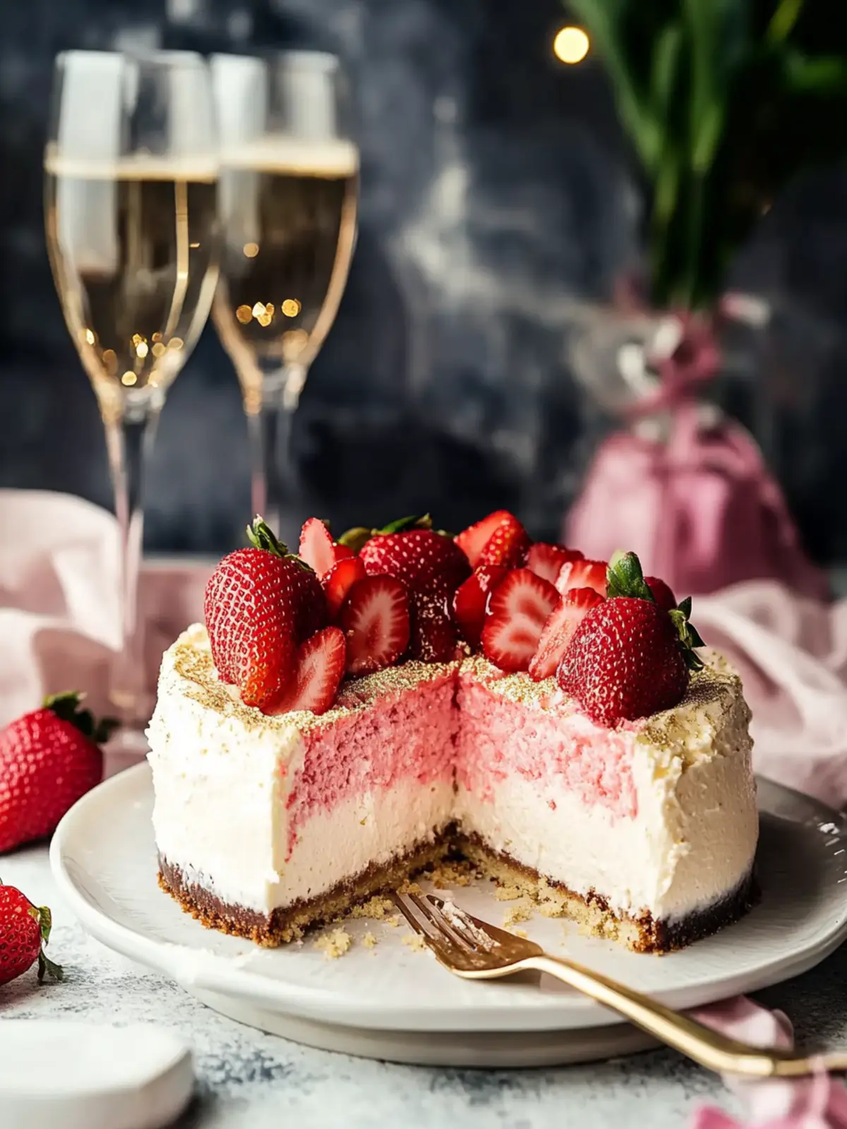 Strawberry Champagne Cheesecake with Champagne Cake Bottom