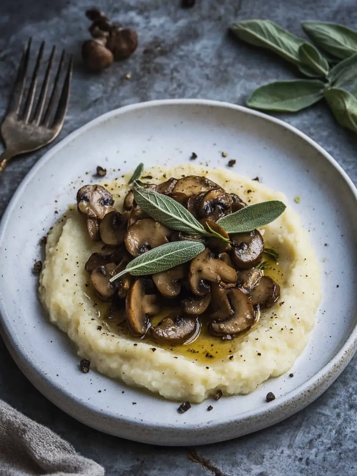 Truffled cauliflower puree with mushrooms and sage butter