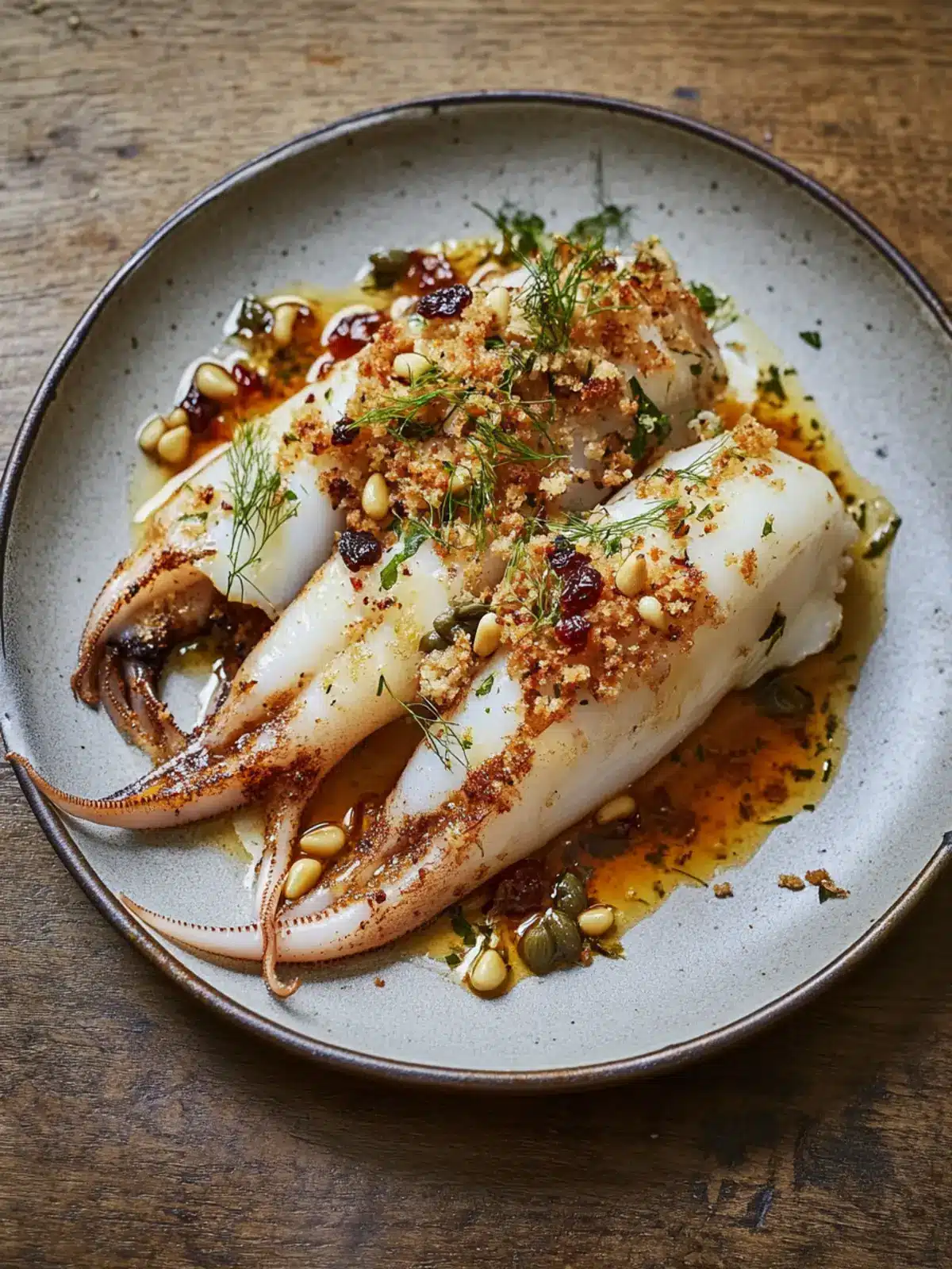 Stuffed Squid with Breadcrumbs, Fruits, & Pine Nuts Delight 3 Squid stuffed with breadcrumbs, dried fruits, pine nuts, capers and fennel