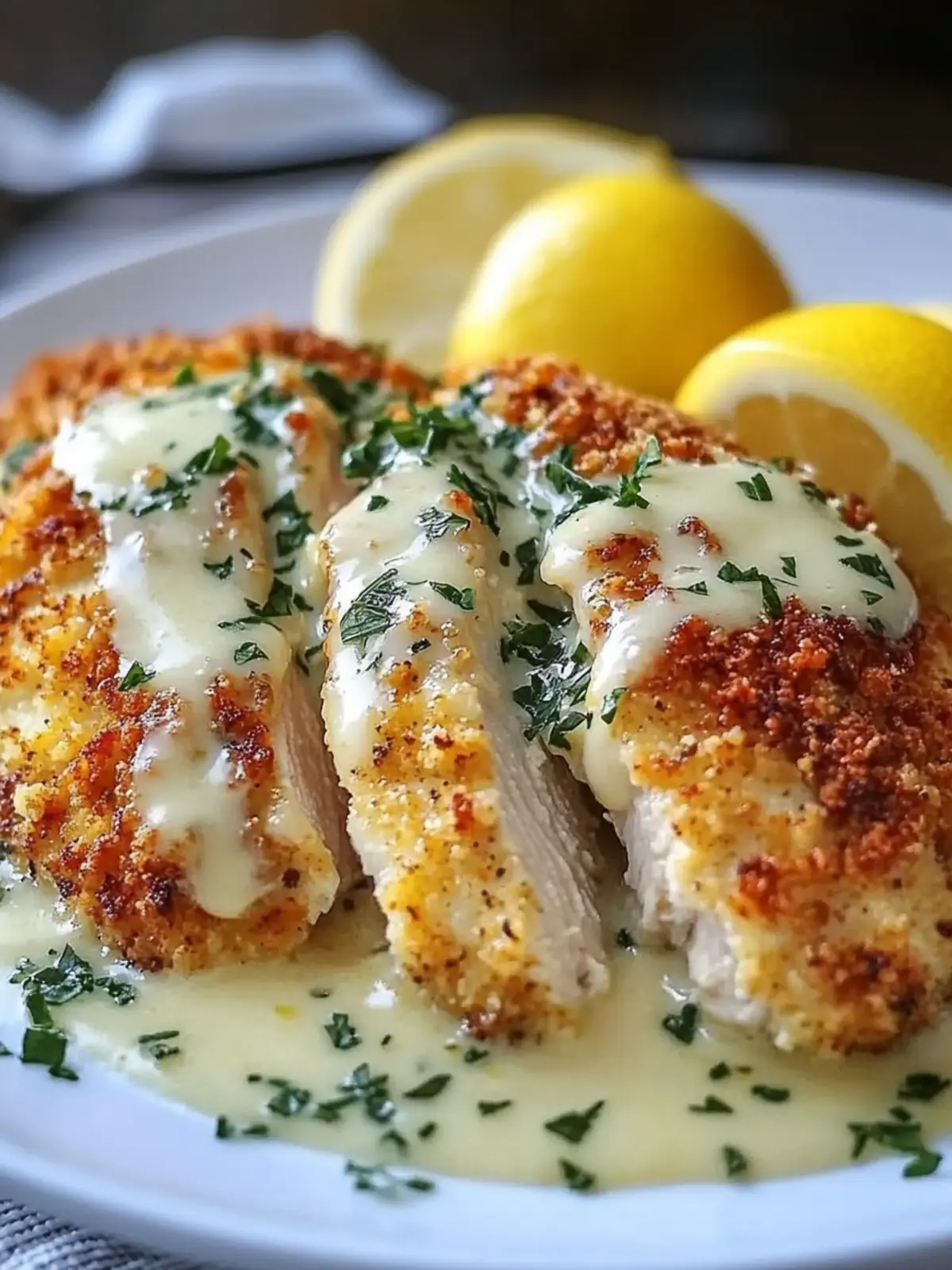 Lemon Pecorino Crusted Chicken with Creamy Lemon Sauce