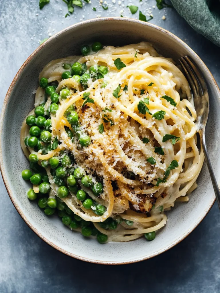 Garlic Cream Bucatini with Peas and Asparagus