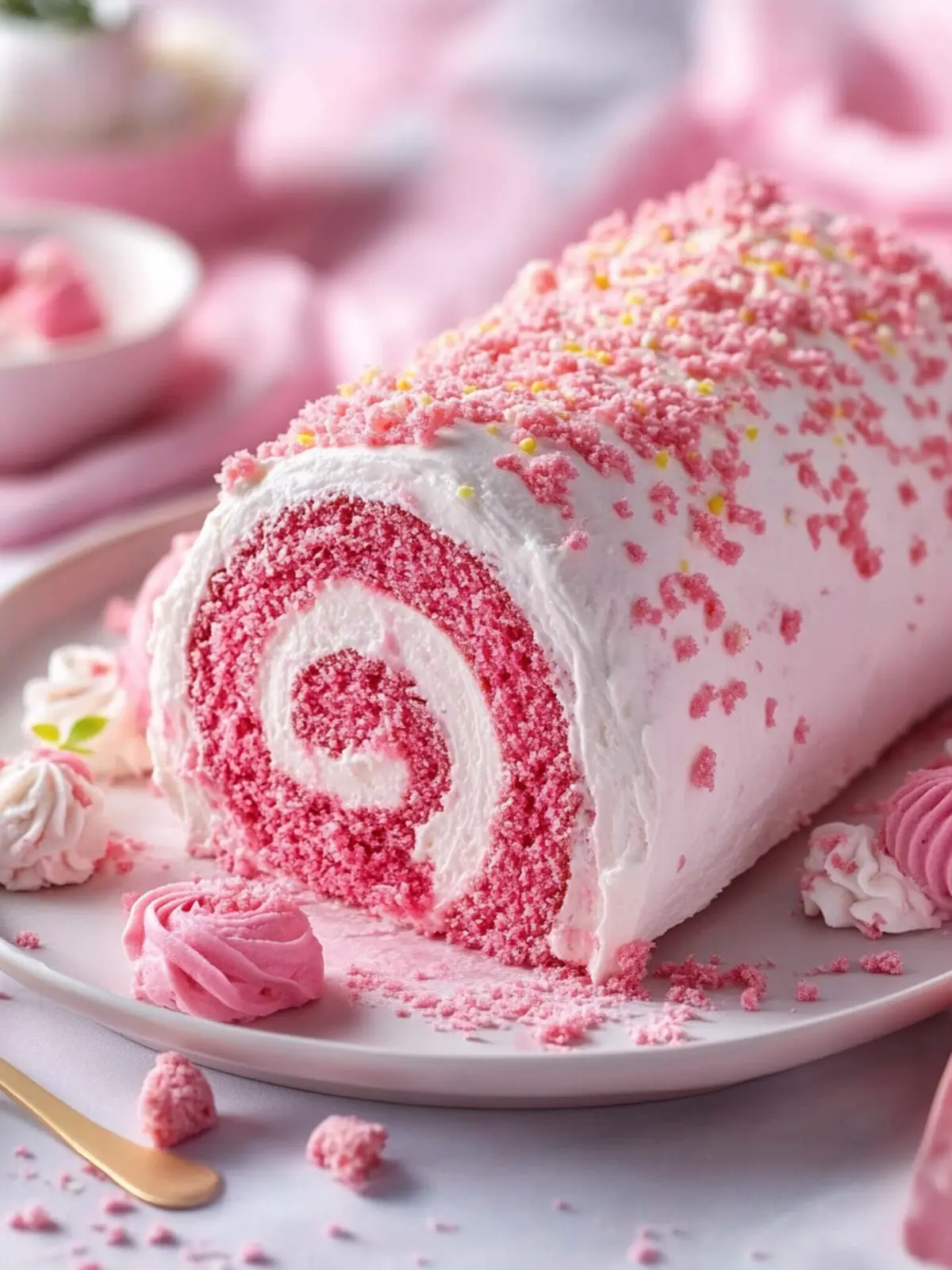 Moist Pink Velvet Cake Roll With Creamy Frosting