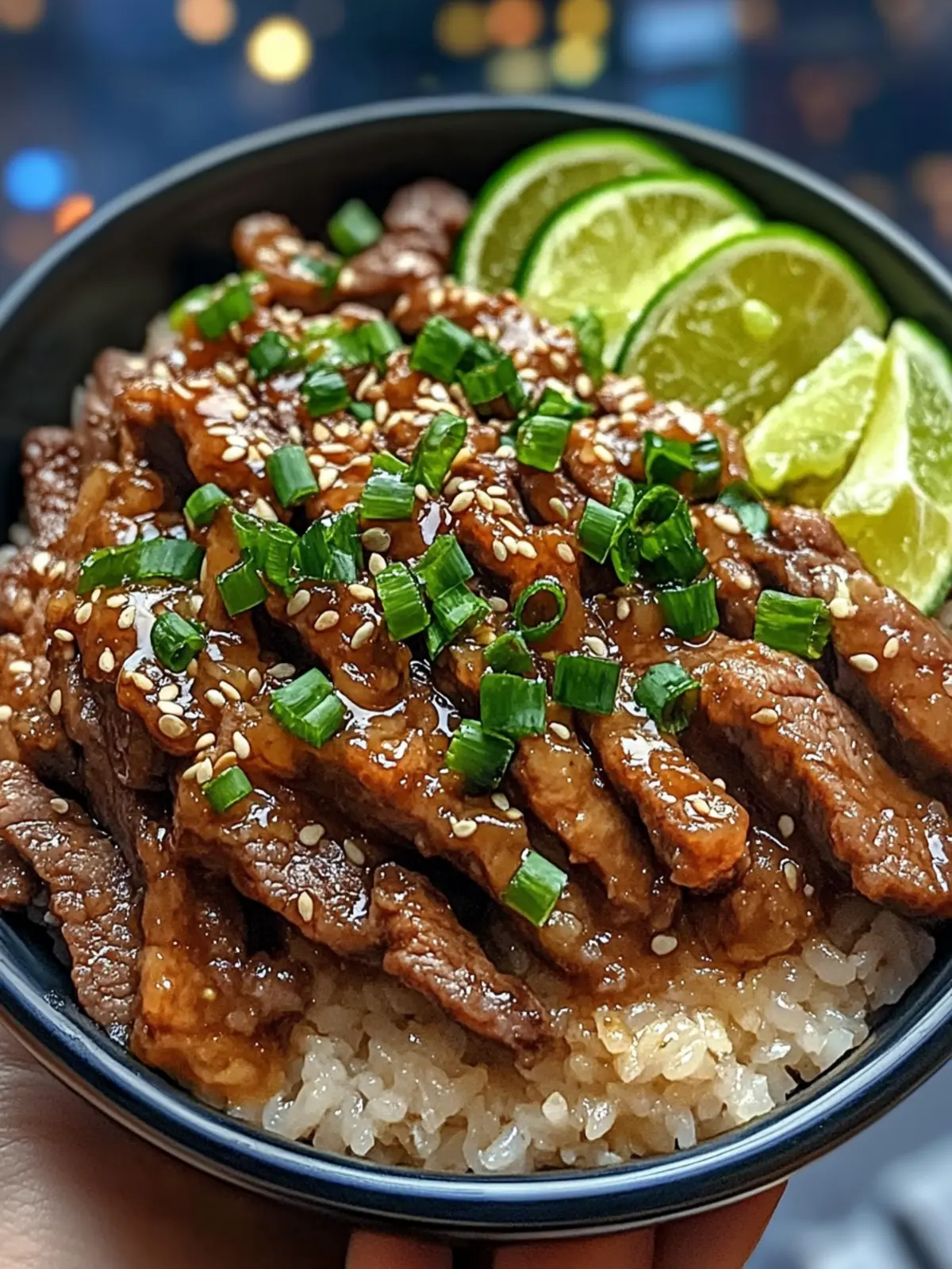 Honey Soy Beef Rice Bowls with Ginger Lime Sauce