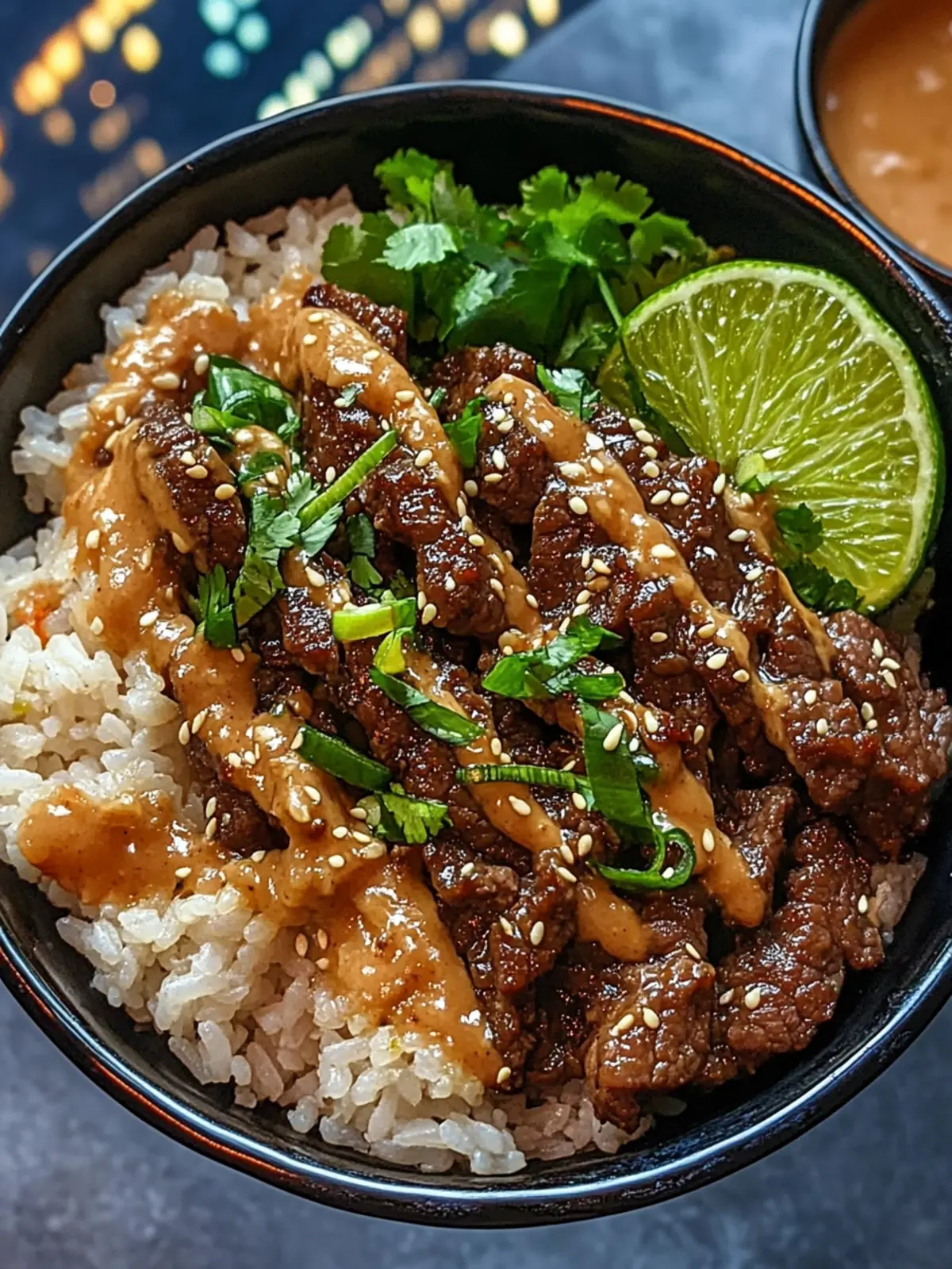 Honey Soy Beef Rice Bowls with Ginger Lime Sauce