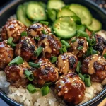 Teriyaki Beef Meatballs Rice Bowls with Spicy Miso Sauce