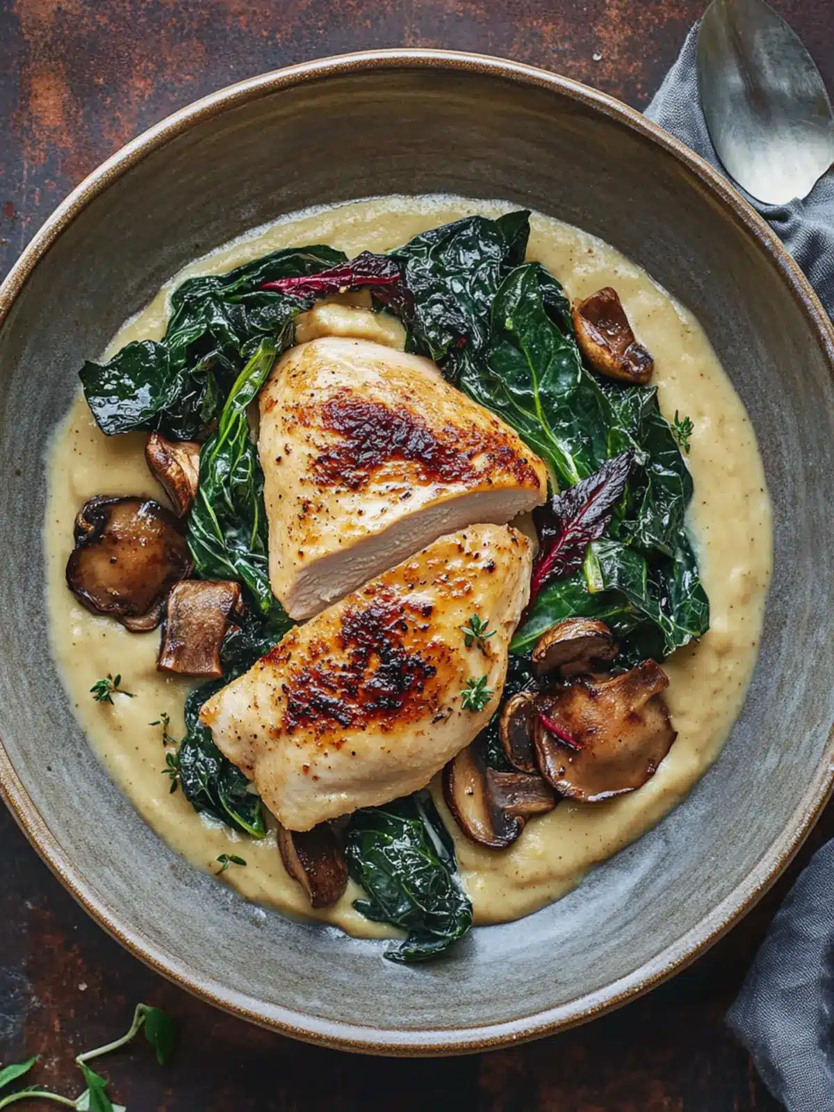 Crispy Chicken With Mushroom Purée and Swiss Chard Delight 2 Chicken With Mushroom Purée and Swiss Chard