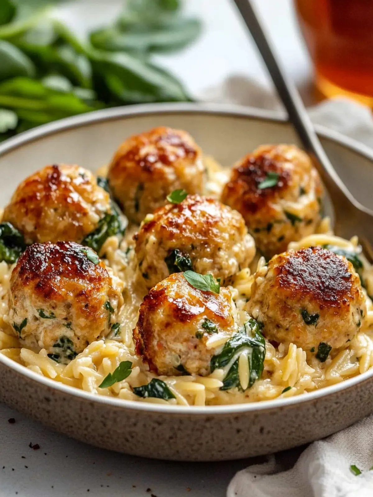 Baked Chicken Ricotta Meatballs with Creamy Spinach Orzo Bliss 3 Baked Chicken Ricotta Meatballs with Creamy Spinach Orzo