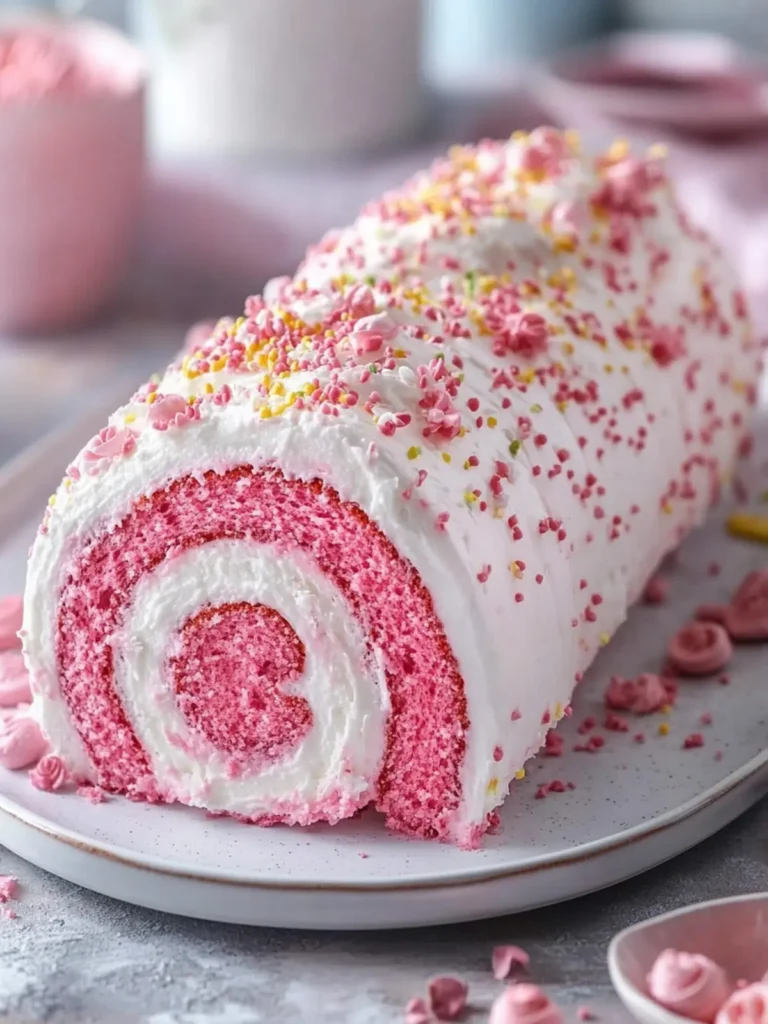 Moist Pink Velvet Cake Roll With Creamy Frosting