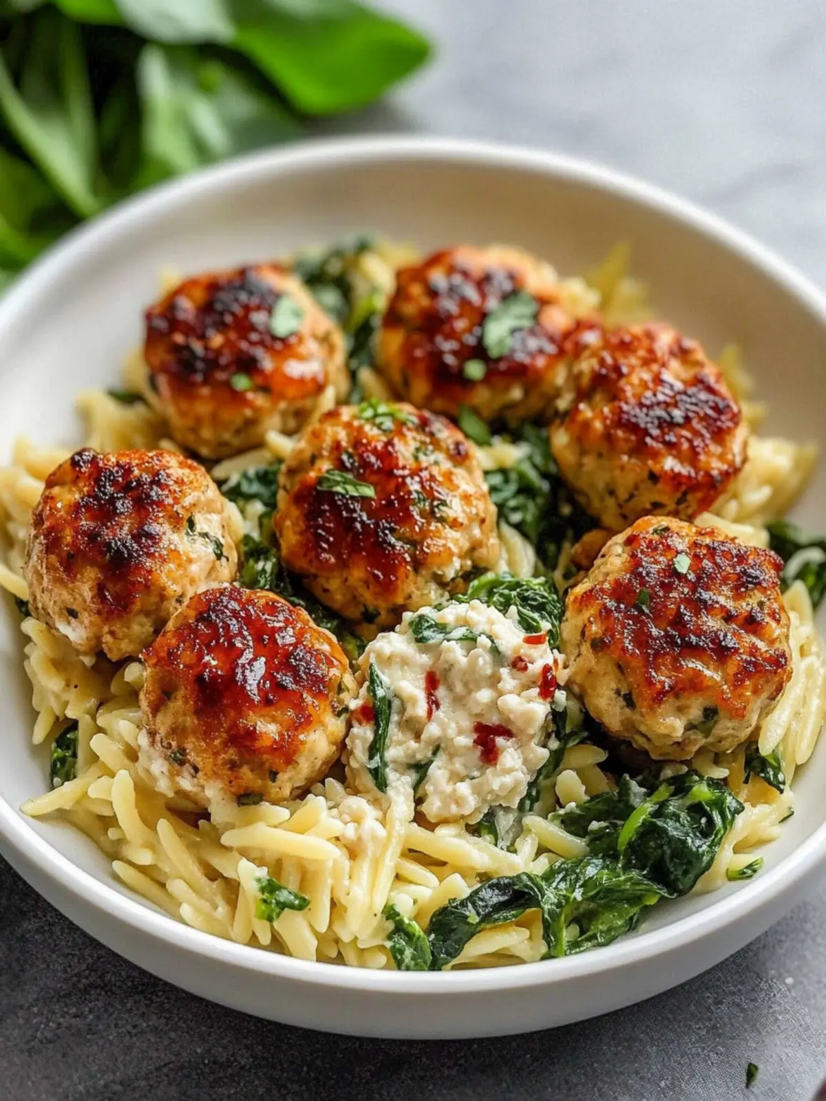 Baked Chicken Ricotta Meatballs with Creamy Spinach Orzo Bliss 2 Baked Chicken Ricotta Meatballs with Creamy Spinach Orzo