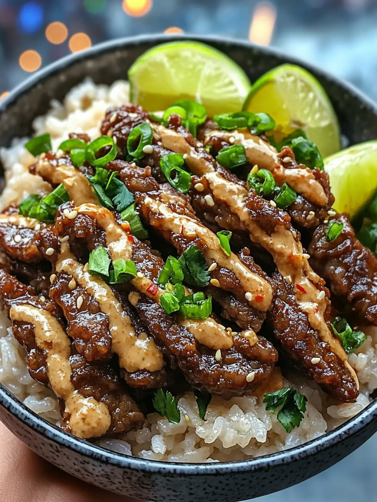 Honey Soy Beef Rice Bowls with Ginger Lime Sauce