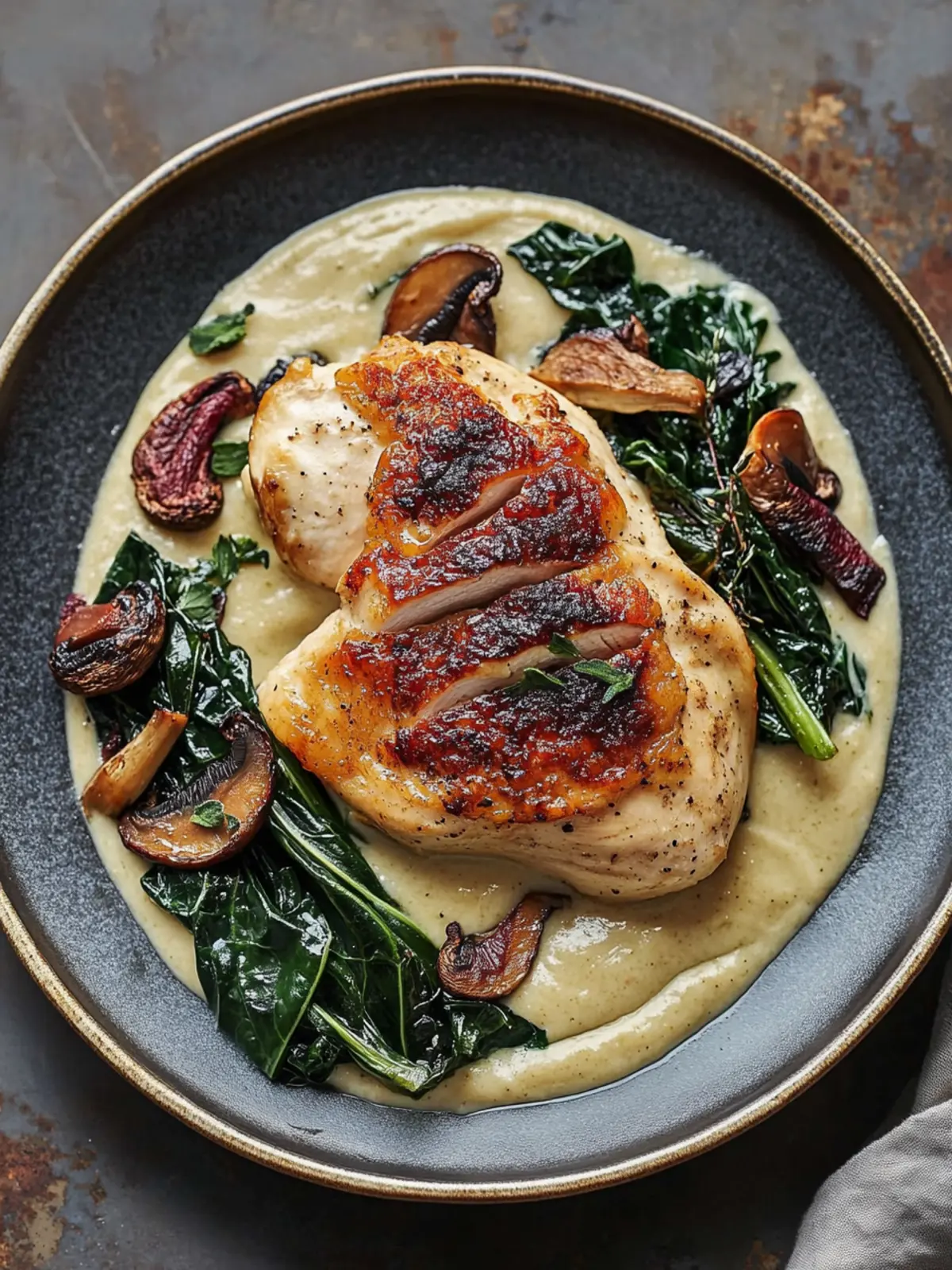 Crispy Chicken With Mushroom Purée and Swiss Chard Delight 5 Chicken With Mushroom Purée and Swiss Chard