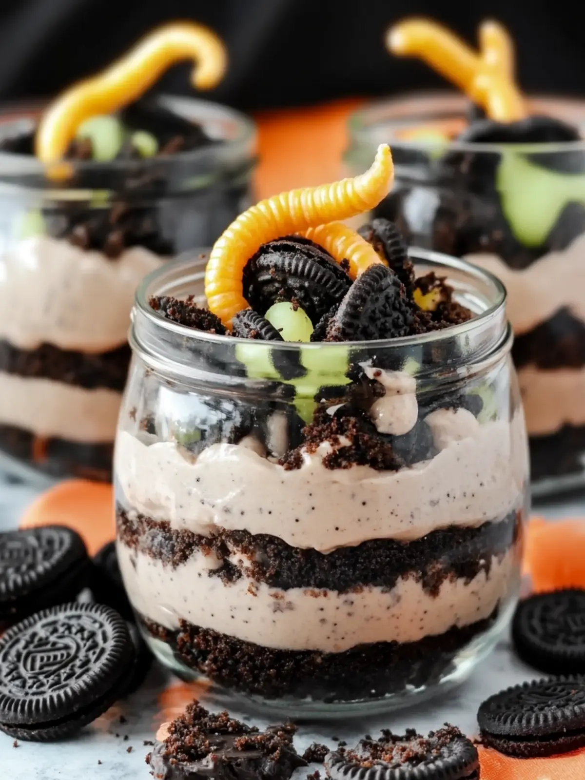 Halloween dessert met Oreo’s en snoepwormen