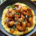 hot honey shrimp with cheddar polenta