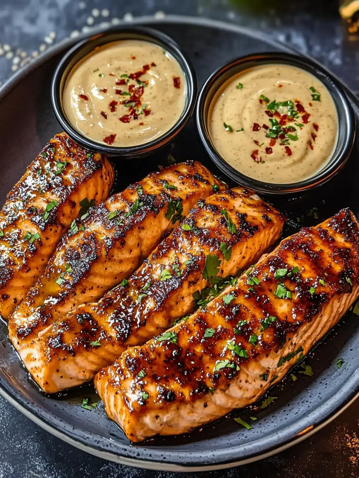 Sticky Honey Butter Salmon with Creamy Chili Dip