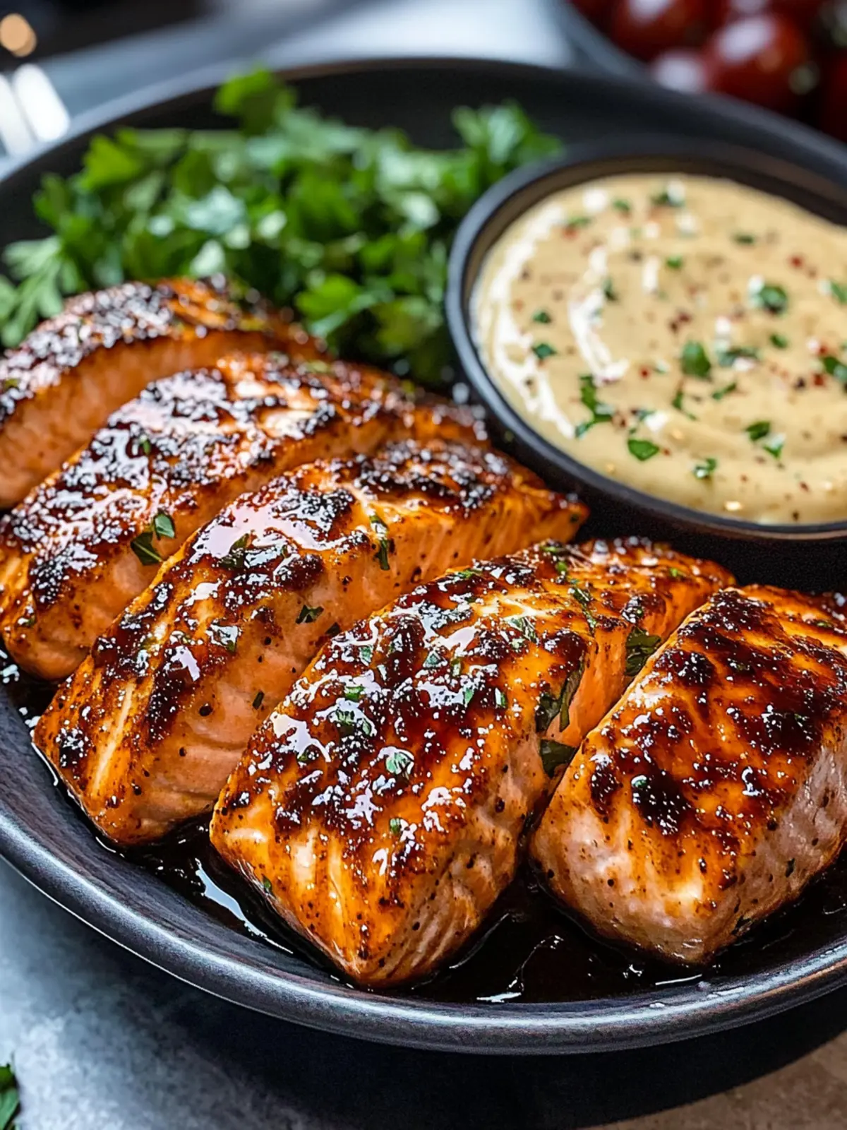 Sticky Honey Butter Salmon with Creamy Chili Dip