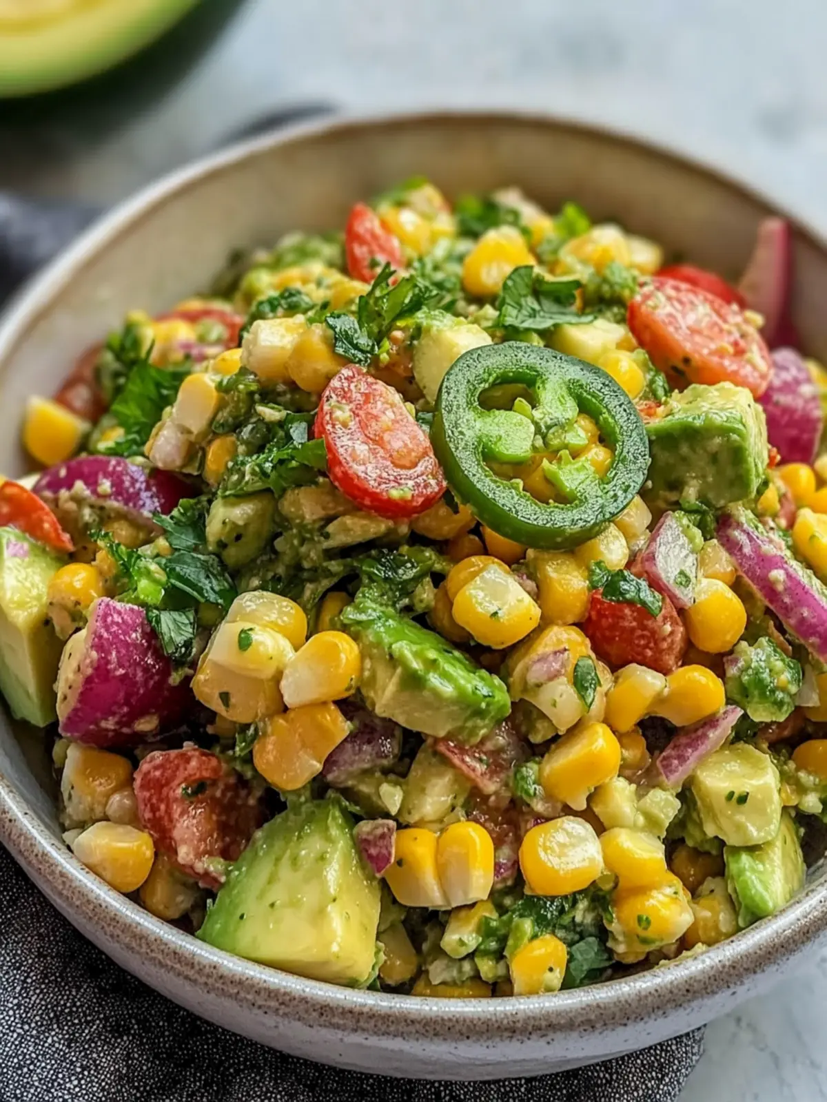 Quick Spring Avocado Corn Salad Recipe with Spicy Jalapeño Lime Dressing for Fresh Meals