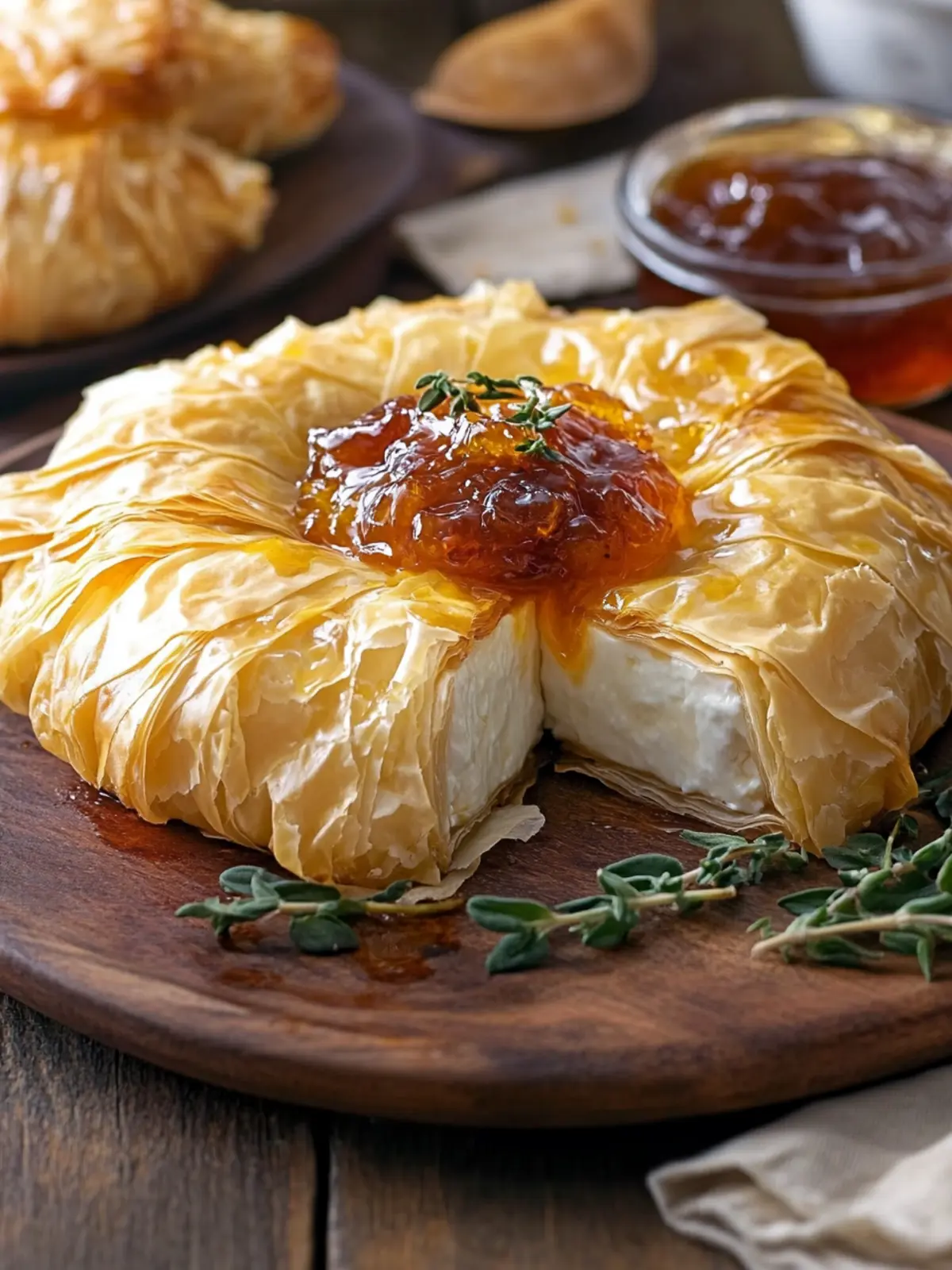 French Phyllo-Wrapped Brie (Brie en Croute with Fig Jam, Hot Honey, or Apricot Jam)
