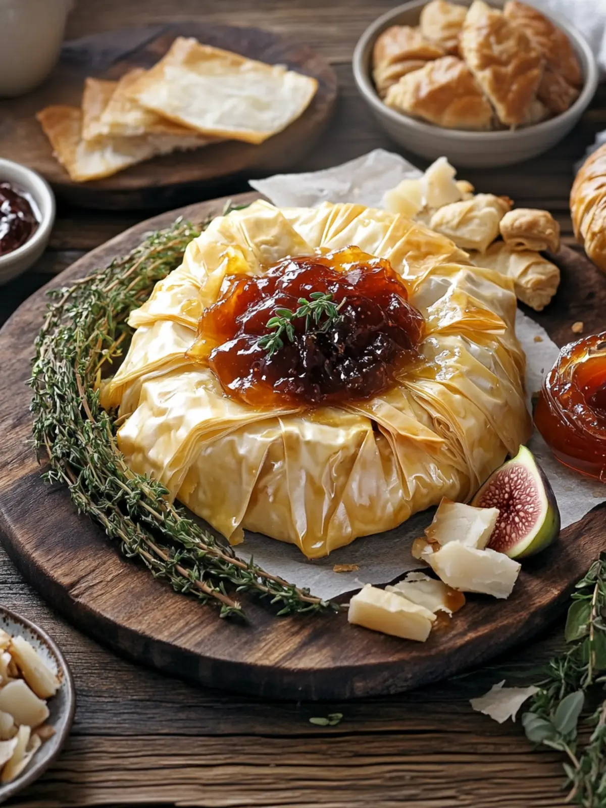 French Phyllo-Wrapped Brie (Brie en Croute with Fig Jam, Hot Honey, or Apricot Jam)