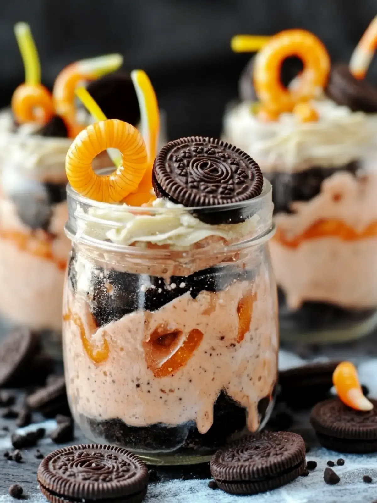 Halloween dessert met Oreo’s en snoepwormen