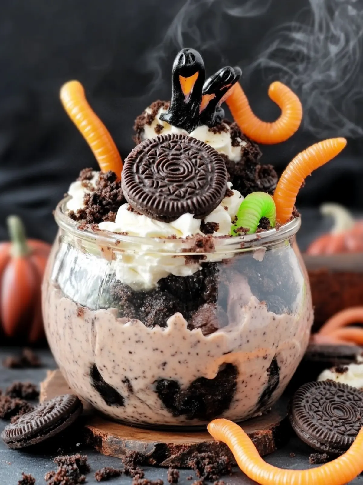 Halloween dessert met Oreo’s en snoepwormen