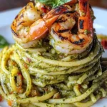 Pesto Pasta and Grilled Shrimp Stack