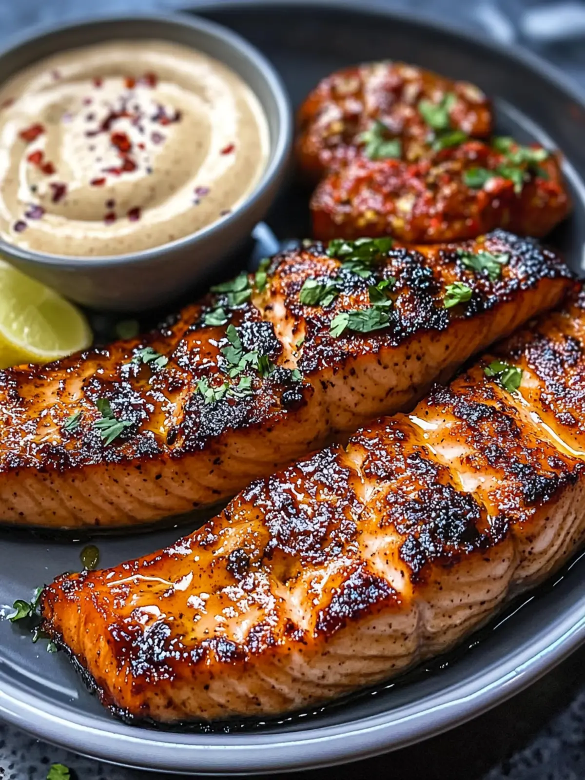 Sticky Honey Butter Salmon with Creamy Chili Dip