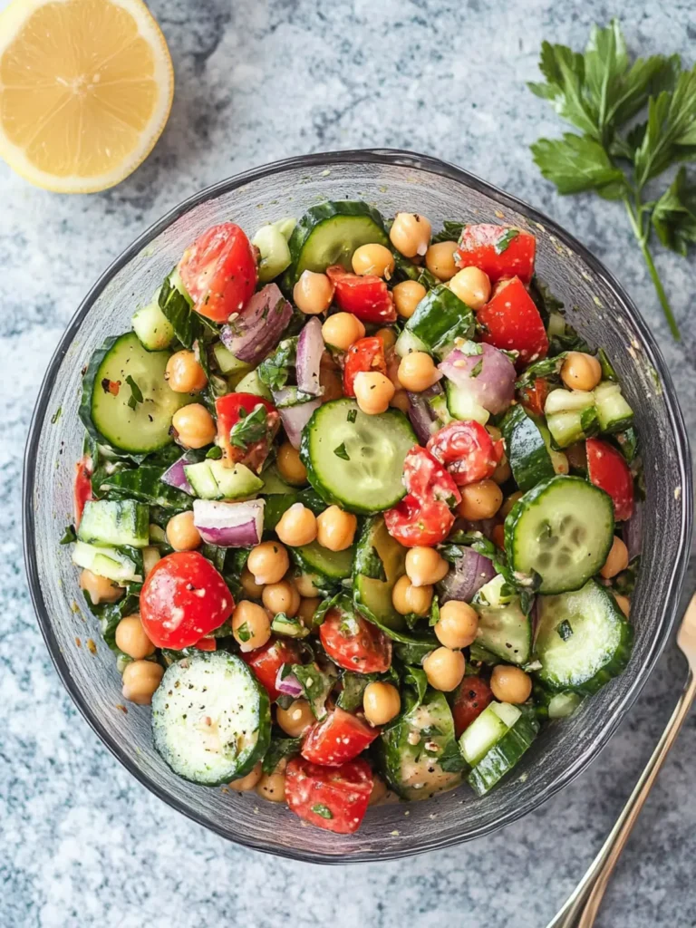 Cucumber Chickpea Salad with Balsamic Tahini Dressing