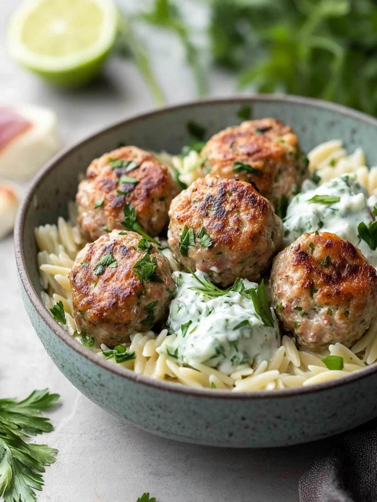 Greek Turkey Meatballs with Orzo & Tzatziki (Ready in 30 mins)