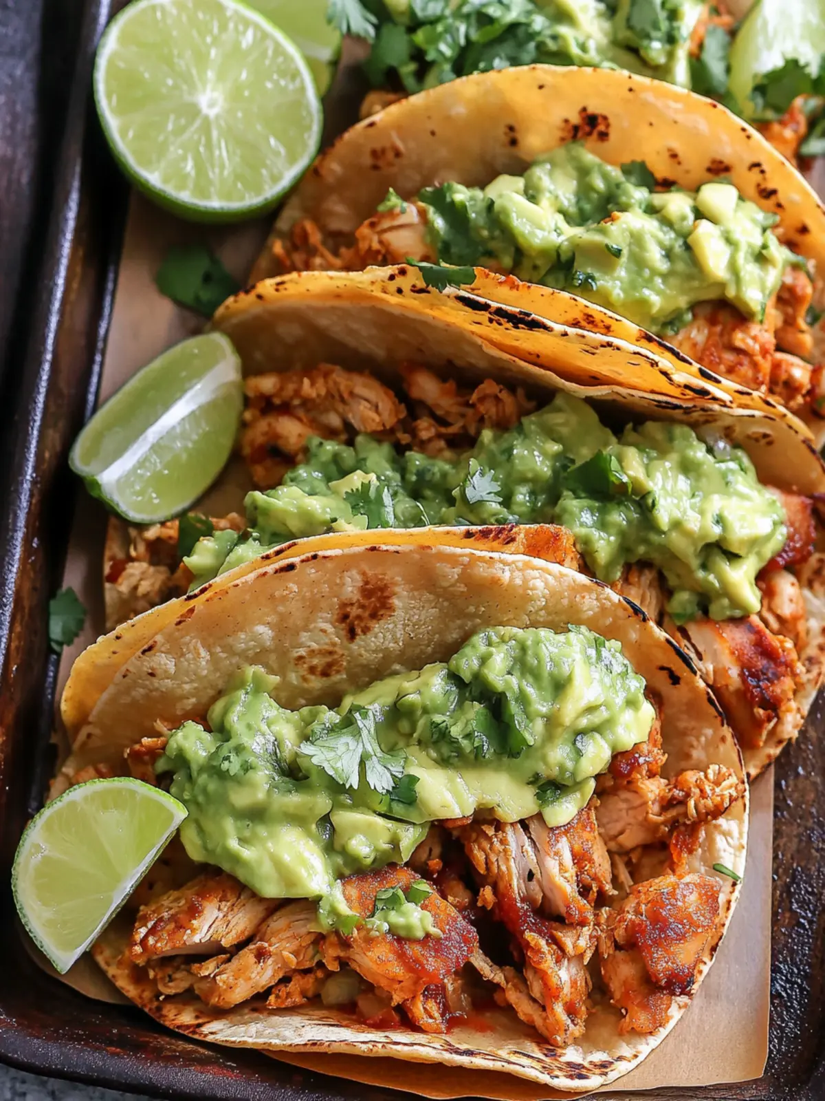 Crispy Chicken Carnitas Tacos with Avocado Cilantro Lime Sauce