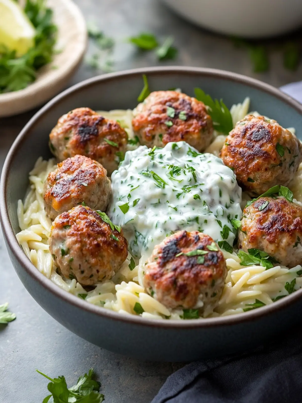 Greek Turkey Meatballs with Orzo & Tzatziki (Ready in 30 mins)