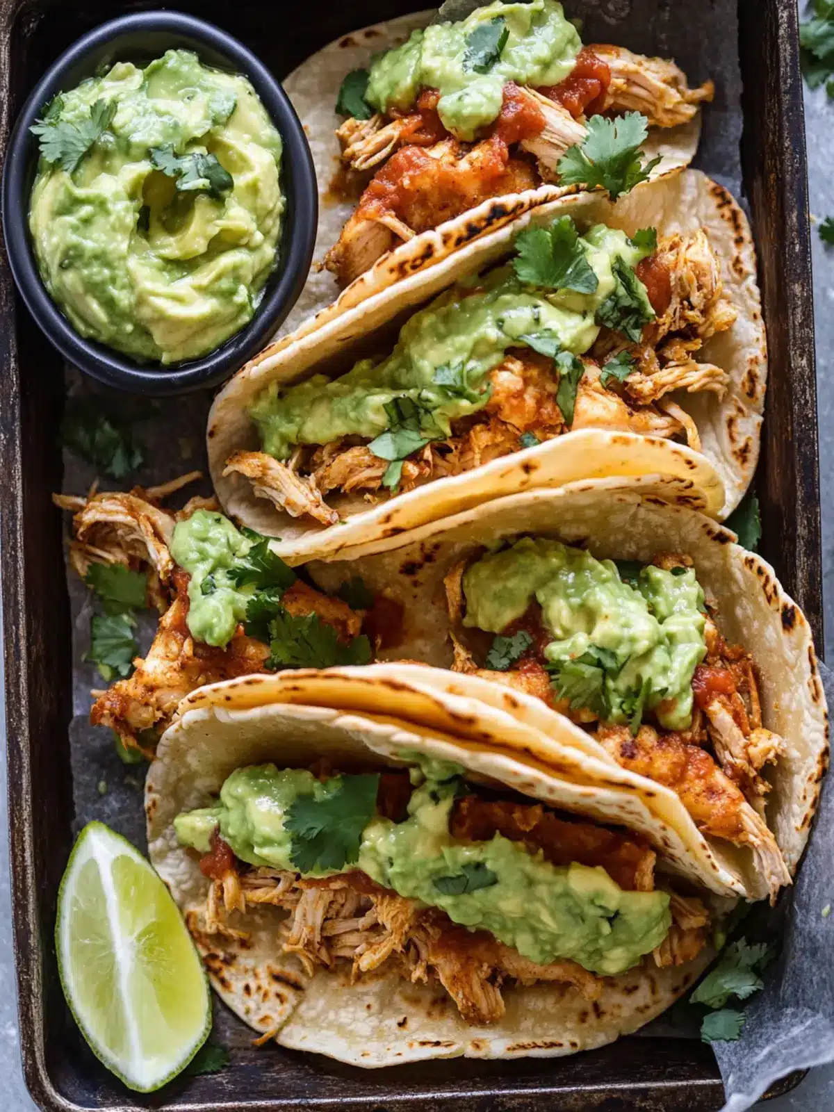 Crispy Chicken Carnitas Tacos with Avocado Cilantro Lime Sauce