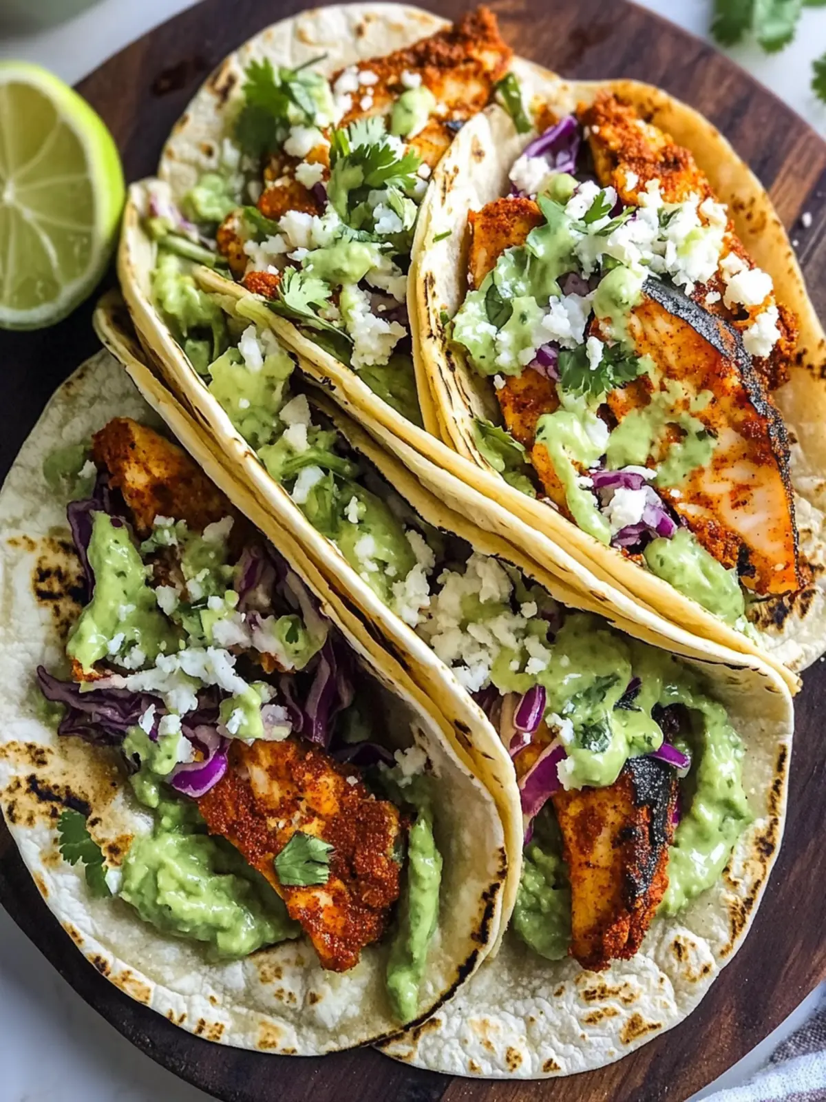 Chipotle Rubbed Fish Tacos with Cilantro Lime Slaw & Avocado Sauce