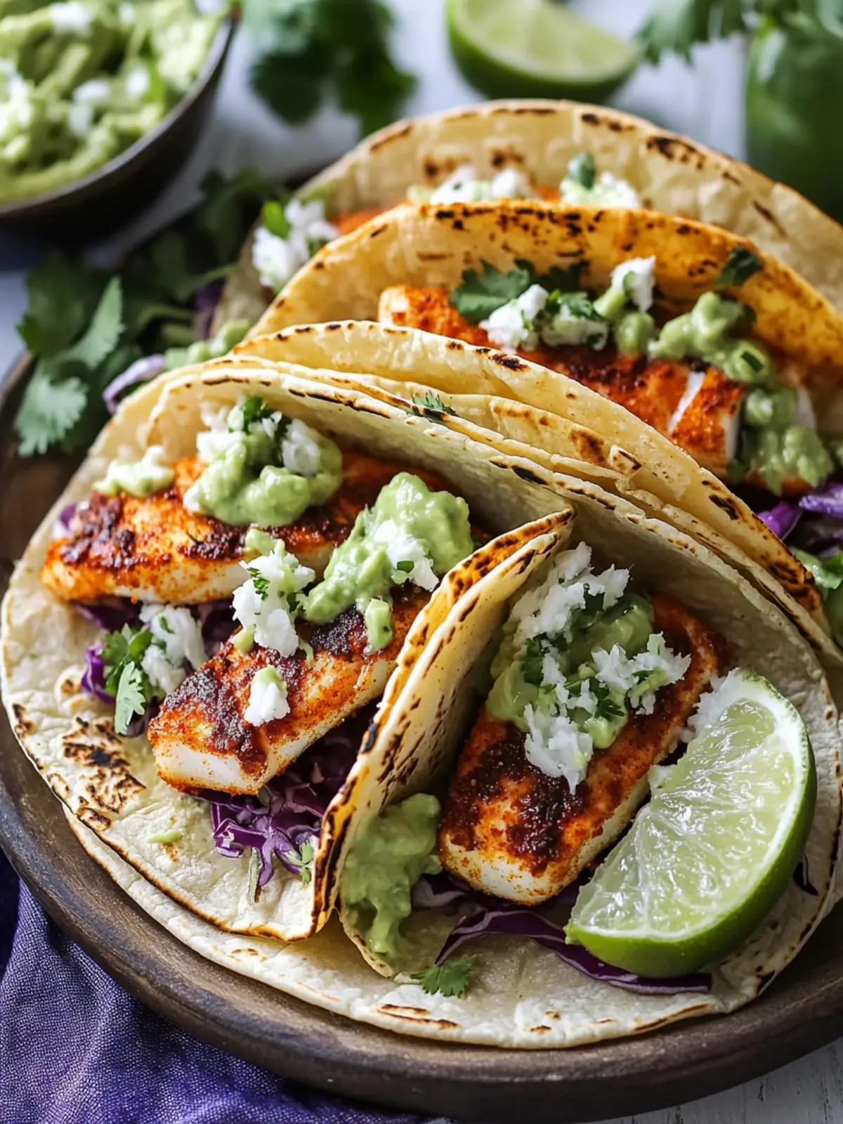 Chipotle Rubbed Fish Tacos with Cilantro Lime Slaw & Avocado Sauce