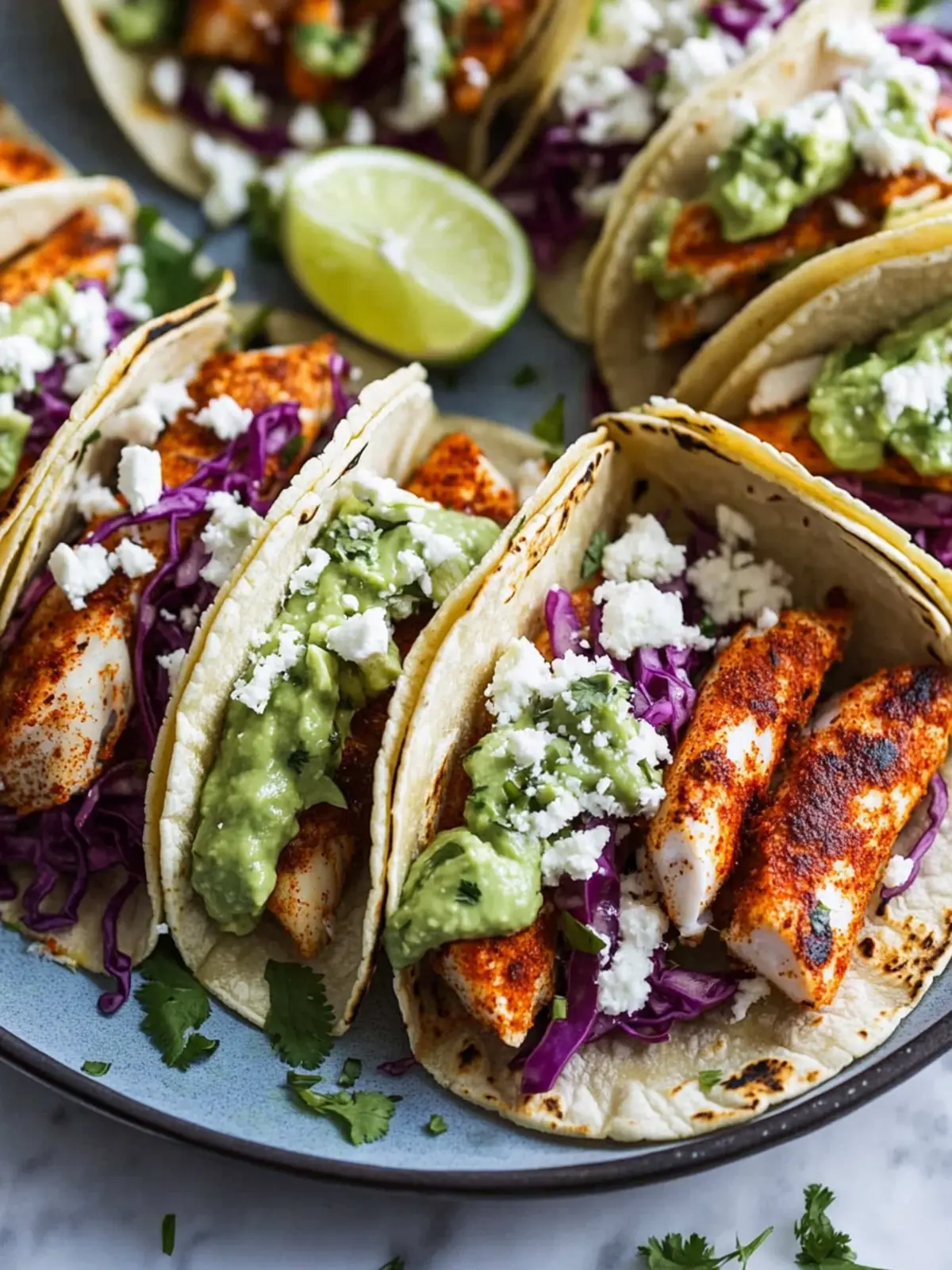 Chipotle Rubbed Fish Tacos with Cilantro Lime Slaw & Avocado Sauce