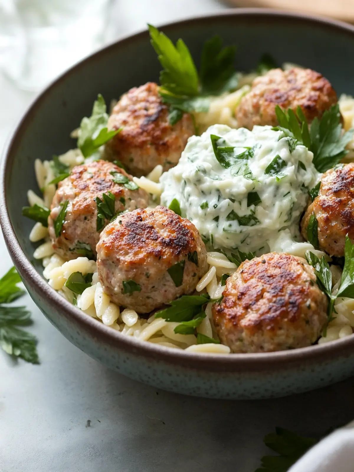 Greek Turkey Meatballs with Orzo & Tzatziki (Ready in 30 mins)