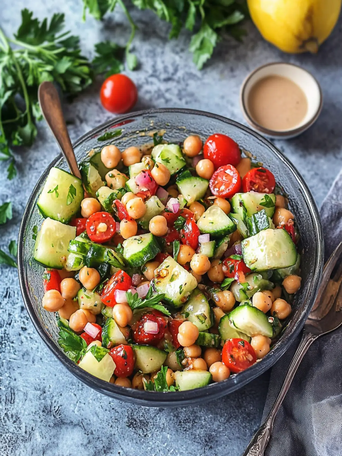 Cucumber Chickpea Salad with Balsamic Tahini Dressing