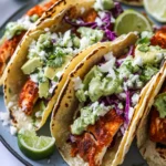 Chipotle Rubbed Fish Tacos with Cilantro Lime Slaw & Avocado Sauce