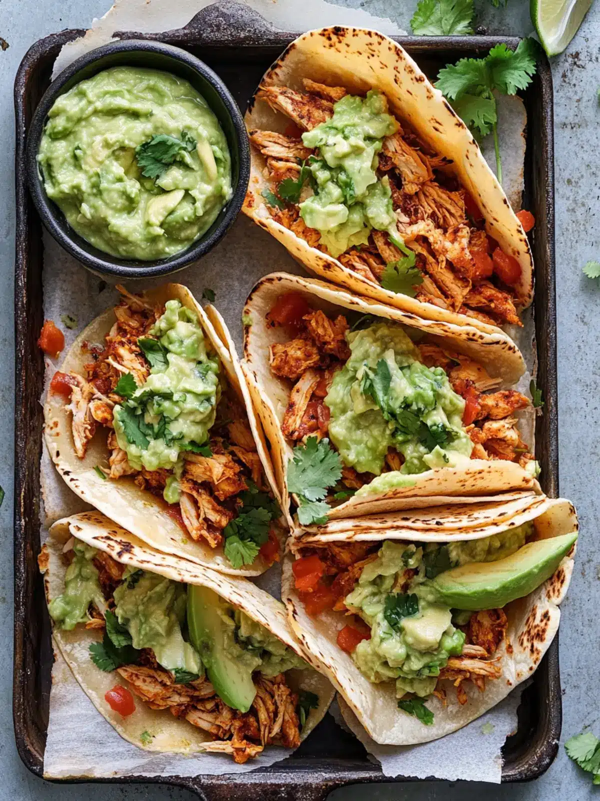 Crispy Chicken Carnitas Tacos with Avocado Cilantro Lime Sauce