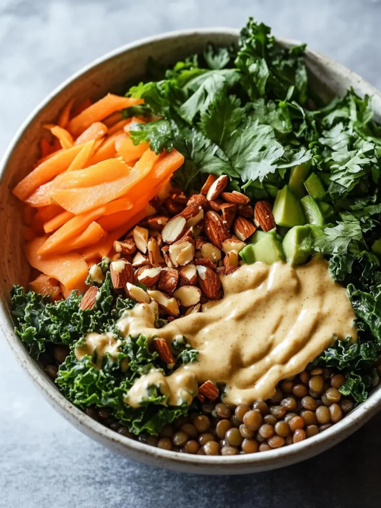 Nourishing Kale and Lentil Bowl with Pickled Carrots and Thai Almond Sauce
