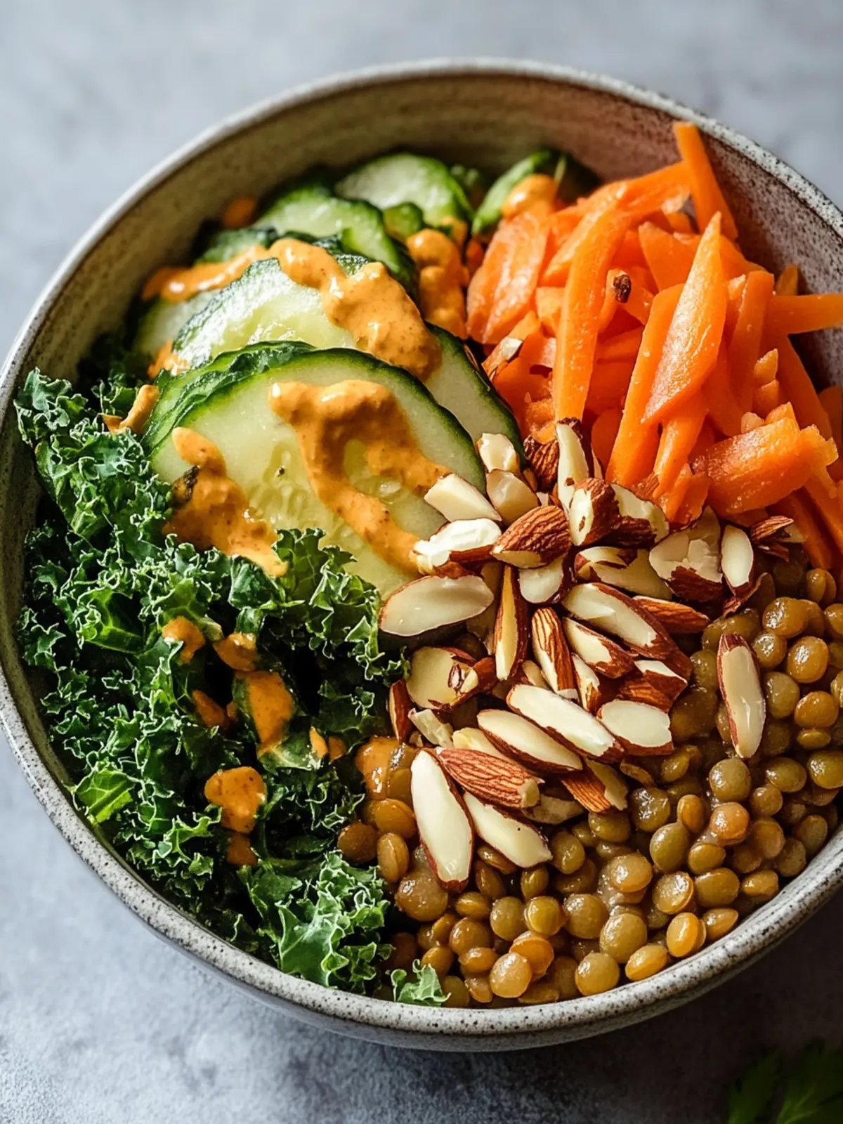 Nourishing Kale and Lentil Bowl with Pickled Carrots and Thai Almond Sauce