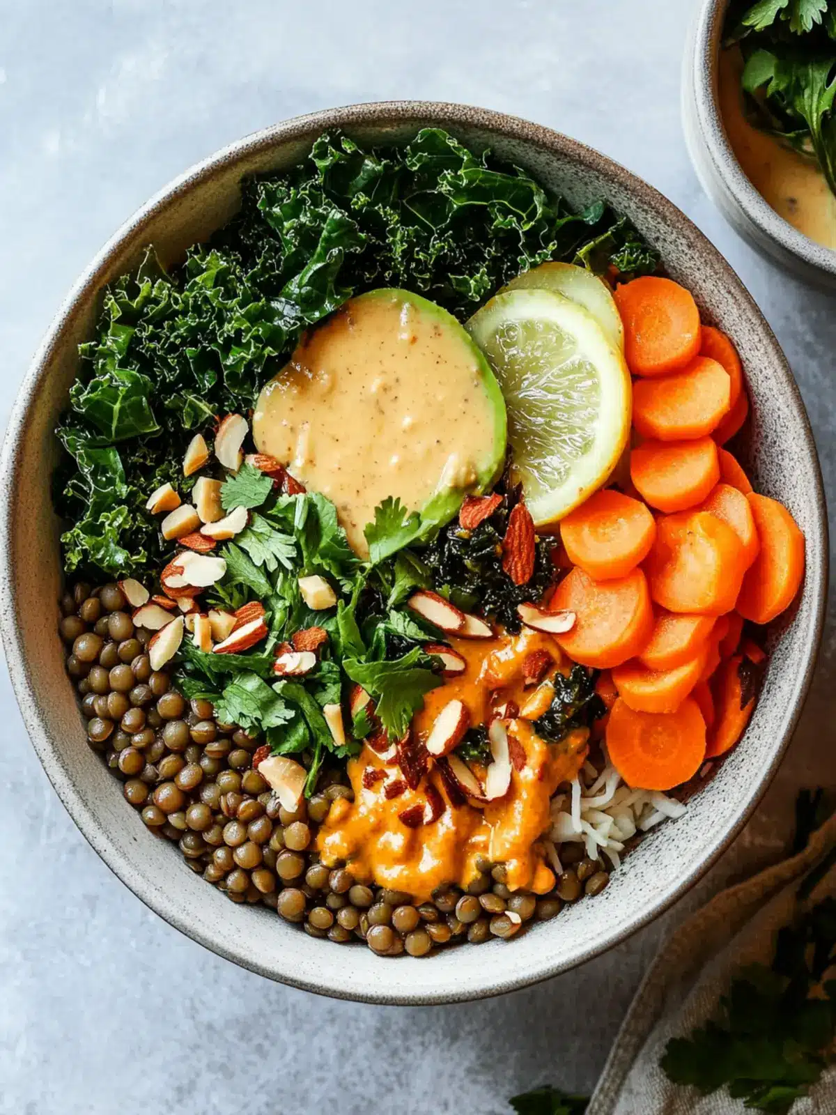 Nourishing Kale and Lentil Bowl with Pickled Carrots and Thai Almond Sauce