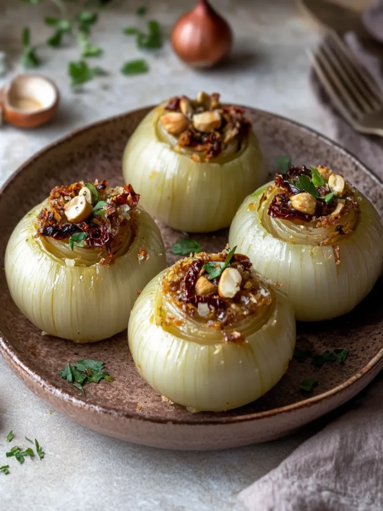 Stuffed Onions with sun-dried tomato & hazelnuts