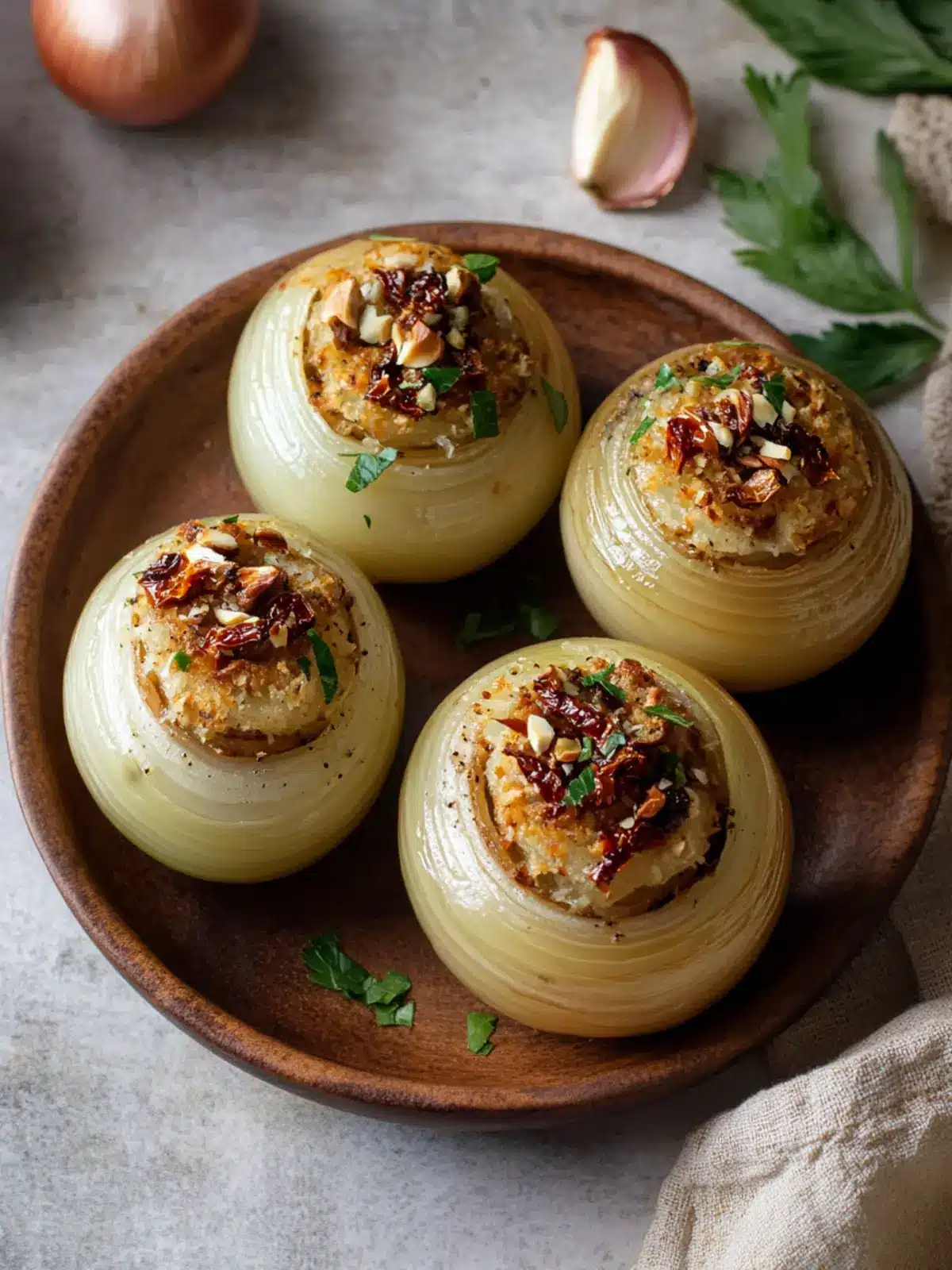 Stuffed Onions with sun-dried tomato & hazelnuts