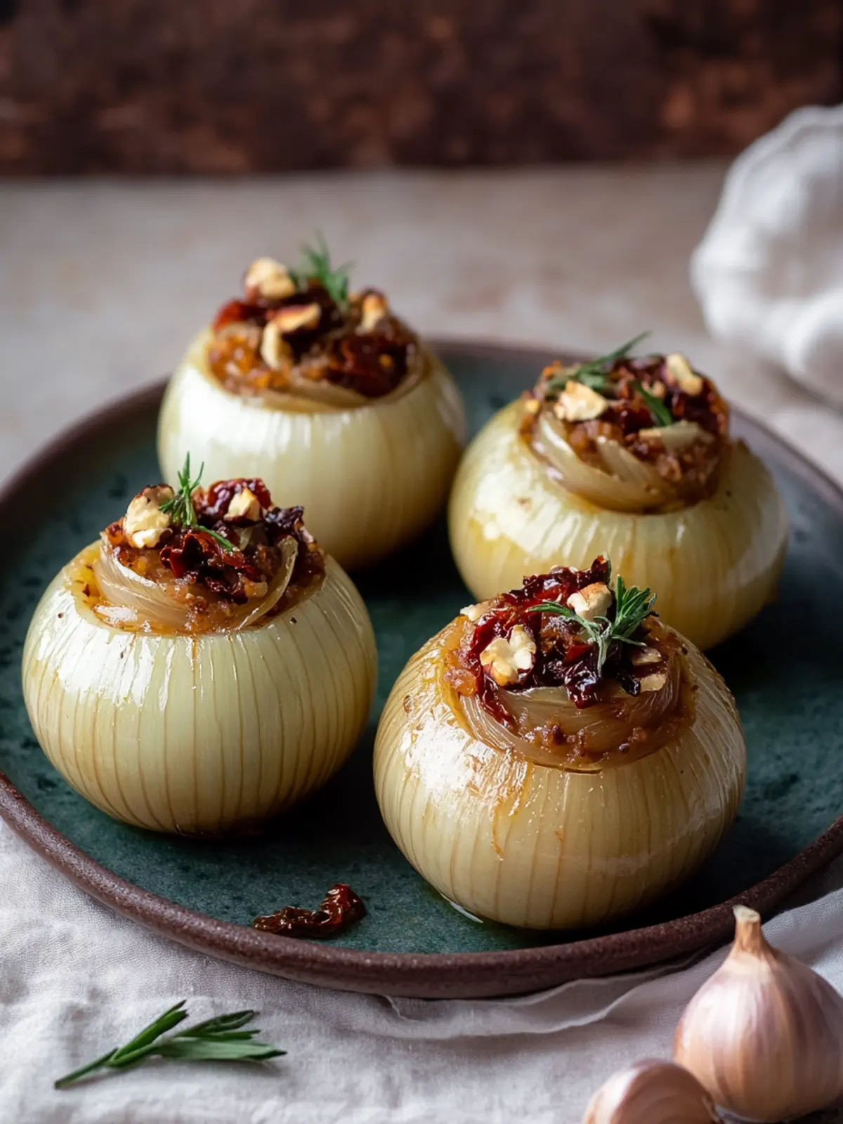 Savory Stuffed Onions with Sun-Dried Tomato & Hazelnuts Delight 2 Stuffed Onions with sun-dried tomato & hazelnuts