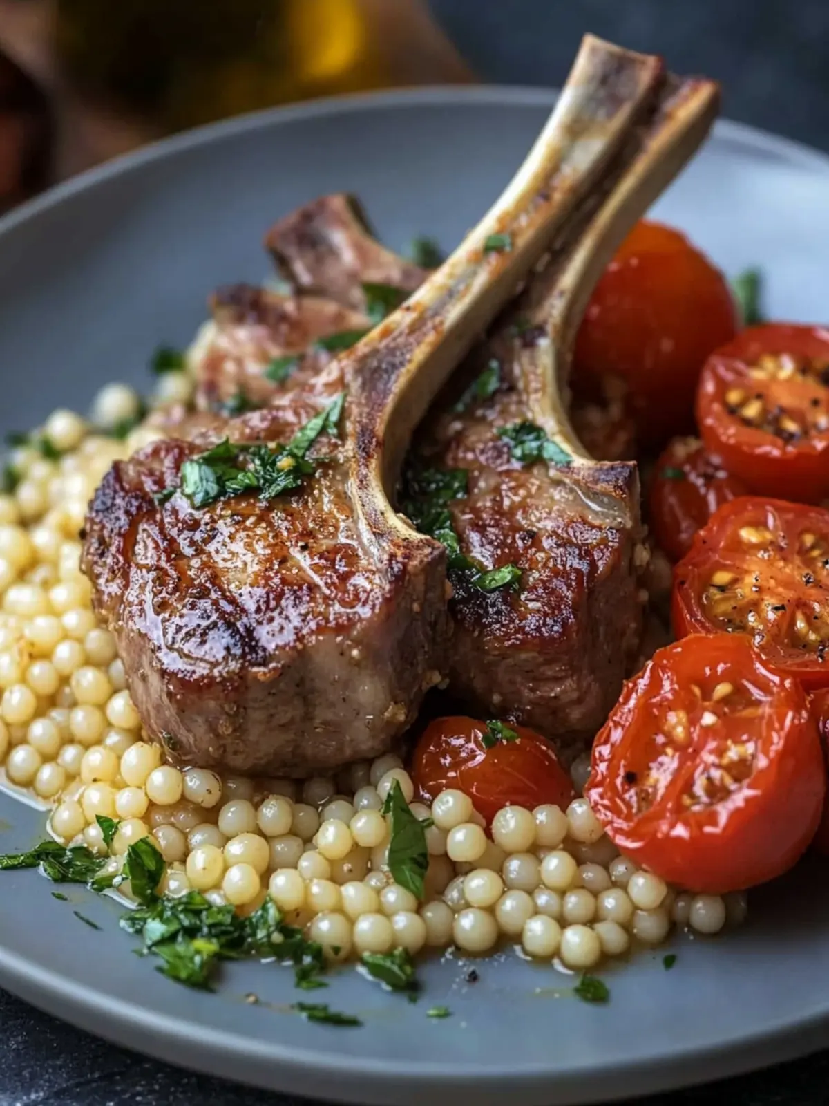 Savor Tender Lamb Chops with Mustard Shallot Sauce & Couscous 3 Lamb Chops with Mustard Shallot Sauce, Roasted Tomatoes & Pearl Couscous