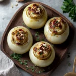 Stuffed Onions with sun-dried tomato & hazelnuts