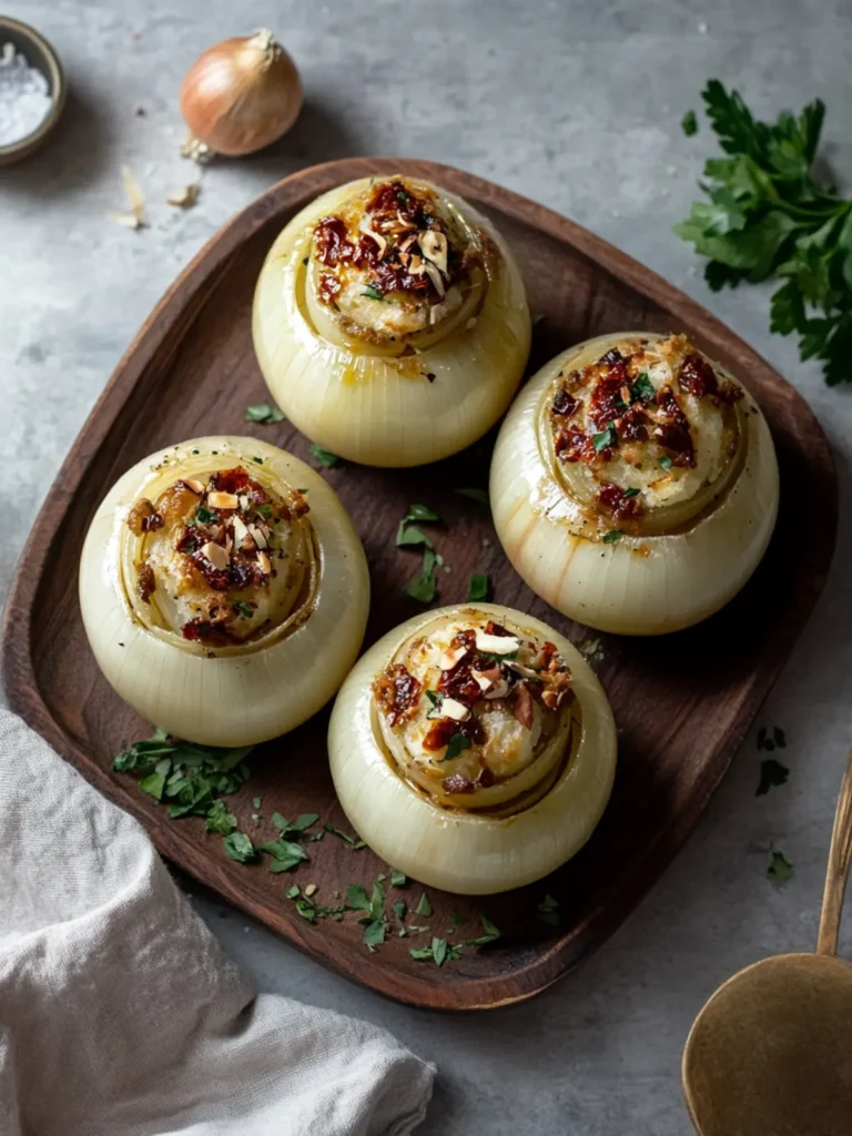 Stuffed Onions with sun-dried tomato & hazelnuts