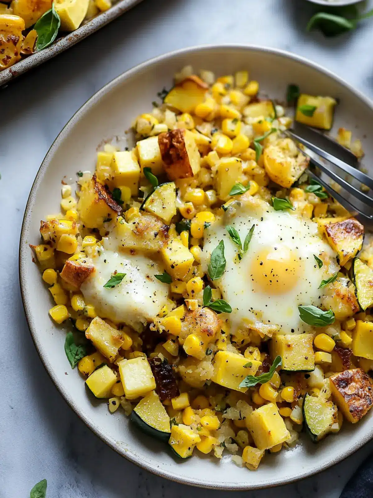 Sheet Pan Sweet Corn Summer Squash Breakfast Hash