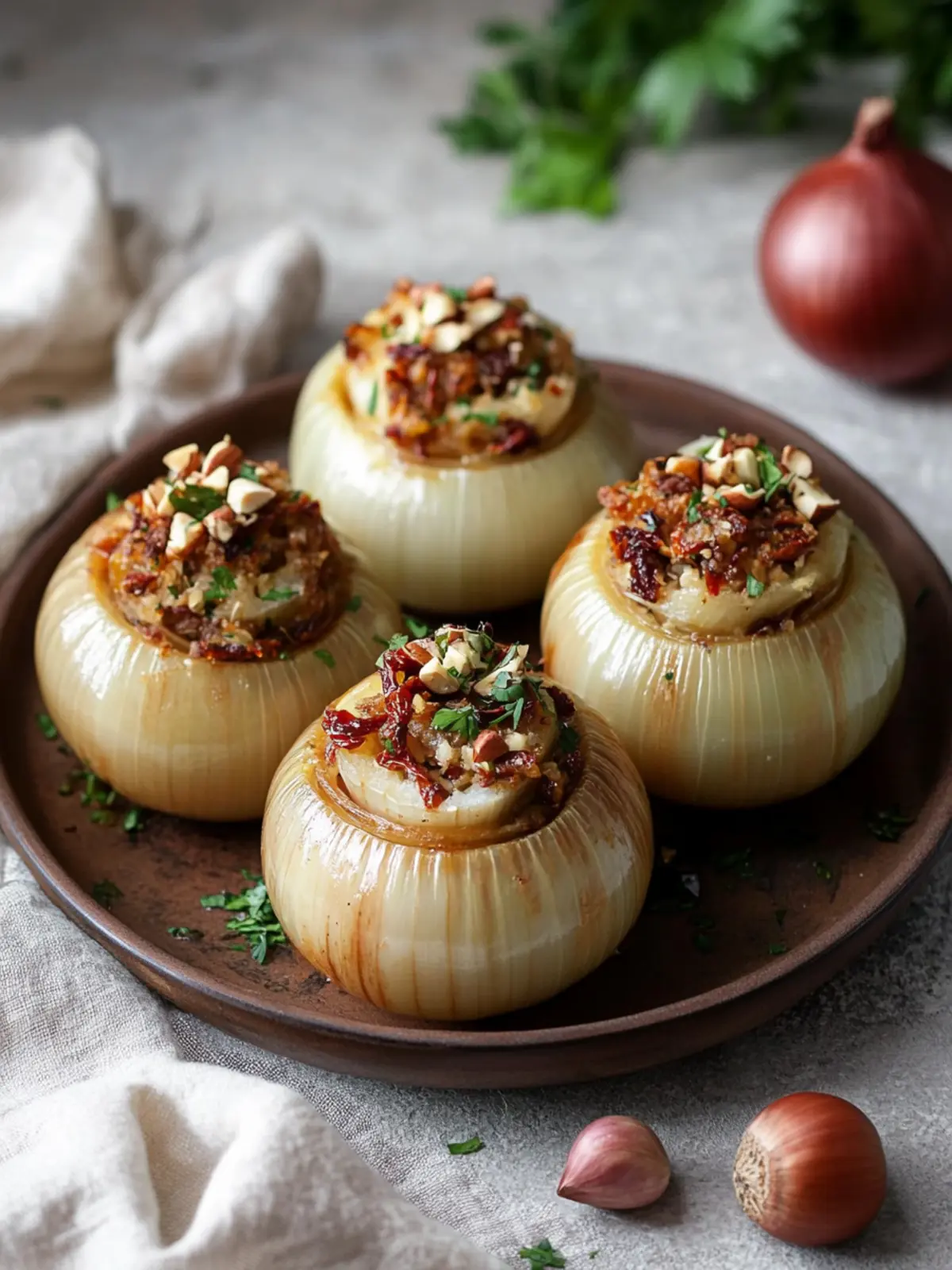 Stuffed Onions with sun-dried tomato & hazelnuts